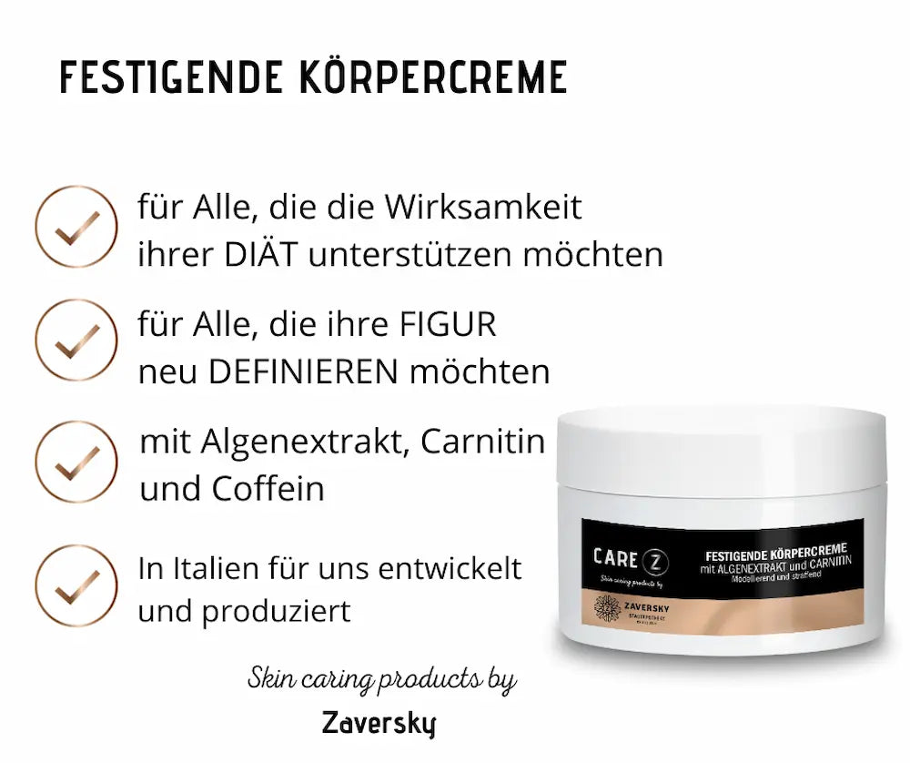 CARE Z Festigende Körpercreme mit Algenextrakt und Carnitin, Tiegel in Weiß mit Deckel, daneben Infografik mit Wirkungsvorteilen.