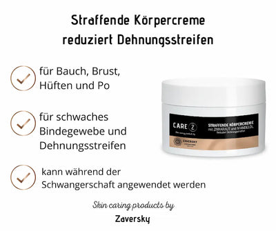 Care Z straffende Körpercreme von Zaversky im weißen Tiegel, Infografik mit Anwendungshinweisen für Bauch, Brust, Hüften und Po bei schwachem Bindegewebe