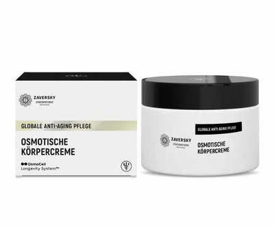 Zaversky Osmotische Körpercreme im weißen Tiegel mit schwarzem Deckel neben passender Verpackung, globale Anti-Aging Pflege