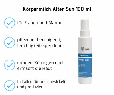 Zaversky Körpermilch After Sun 100 ml in weiß-blauer Sprühflasche, Infografik mit Vorteilen wie pflegend, beruhigend und feuchtigkeitsspendend