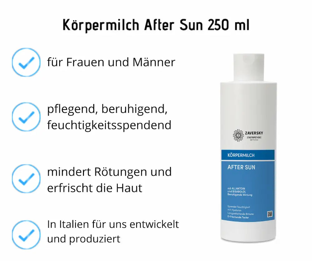 Zaversky Körpermilch After Sun 250 ml, weiße Flasche mit blauem Etikett, Infografik mit Hinweisen zu beruhigender, feuchtigkeitsspendender Pflege