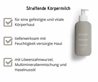 Dolomia straffende Körpermilch im grauen Pumpspender, Infografik mit drei Vorteilen für gefestigte, vitale und tiefenwirksam gepflegte Körperhaut
