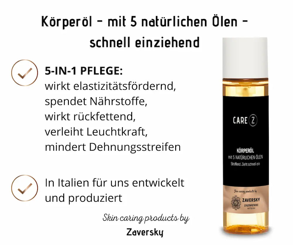 Infografik zum CARE Z Körperöl mit 5 natürlichen Ölen von Zaversky, schwarze Flasche mit hervorgehobenen Vorteilen der 5-in-1-Pflege
