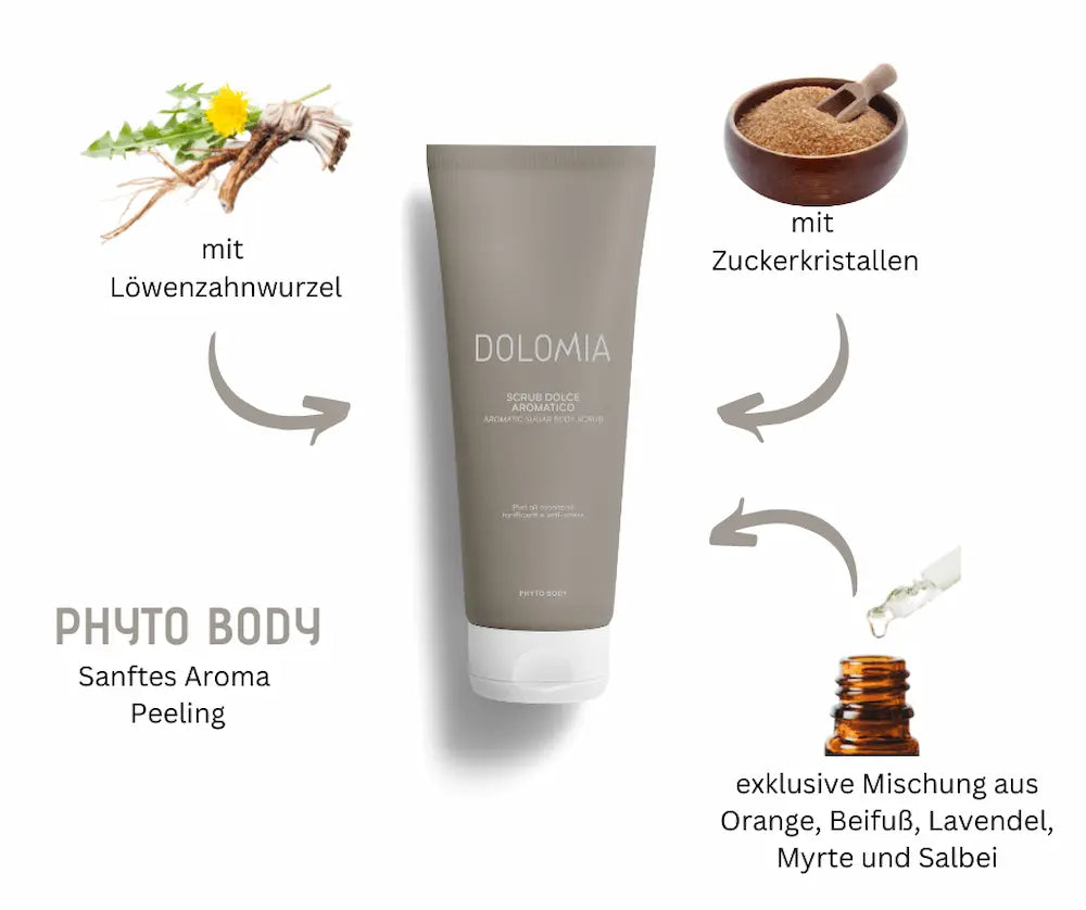 Dolomia Phyto Body Sanftes Aroma Peeling in taupefarbener Tube, mit Hinweisen auf Löwenzahnwurzel, Zuckerkristalle und ätherische Öle aus Orange, Beifuß, Lavendel, Myrte und Salbei
