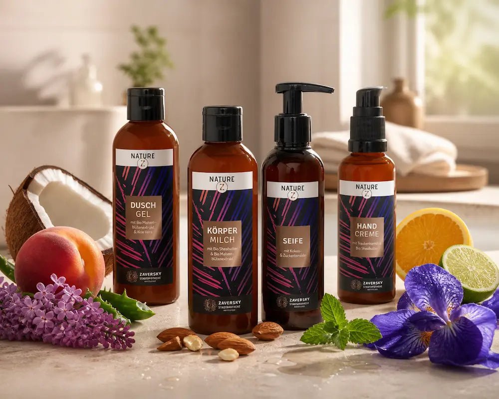 Nature Z Körperpflegeset mit Duschgel, Körpermilch, Seife und Handcreme in braunen Flaschen, dekoriert mit Früchten und Blüten