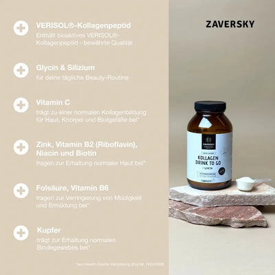 Zaversky Kollagen Drink to Go White Edition mit Glycin im Braunglas, geschmacksneutral, mit Dosierlöffel und Übersicht der Inhaltsstoffe.