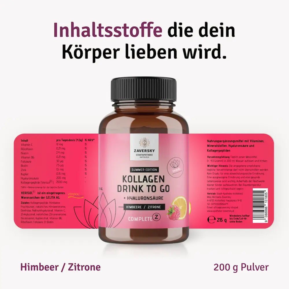 Zaversky Kollagen Drink to Go Summer Edition Himbeere Zitrone mit Hyaluronsäure, braune Dose mit pinkem Etikett und Inhaltsstoffen