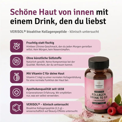 Zaversky Kollagen Drink To Go Himbeere Zitrone mit Hyaluronsäure, Infografik mit fünf Produktvorteilen und Braunglasdose