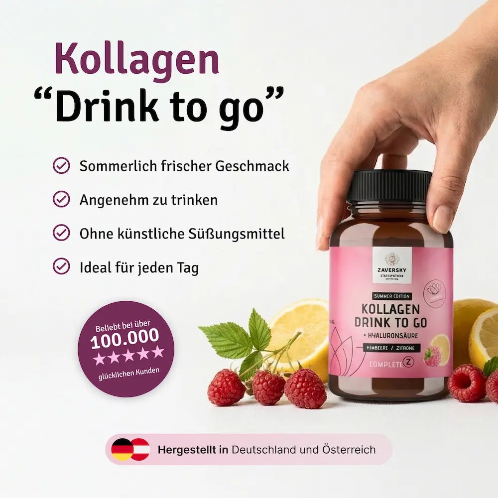 Zaversky Kollagen Drink to go Summer Edition mit Hyaluronsäure, Geschmack Himbeere und Zitrone, braune Dose mit rosa Etikett, gehalten von einer Hand, umgeben von Himbeeren und Zitronen