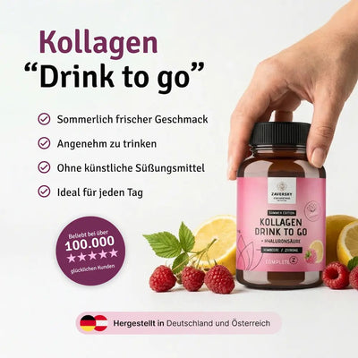 Zaversky Kollagen Drink to go Summer Edition mit Hyaluronsäure, Geschmack Himbeere und Zitrone, braune Dose mit rosa Etikett, gehalten von einer Hand, umgeben von Himbeeren und Zitronen