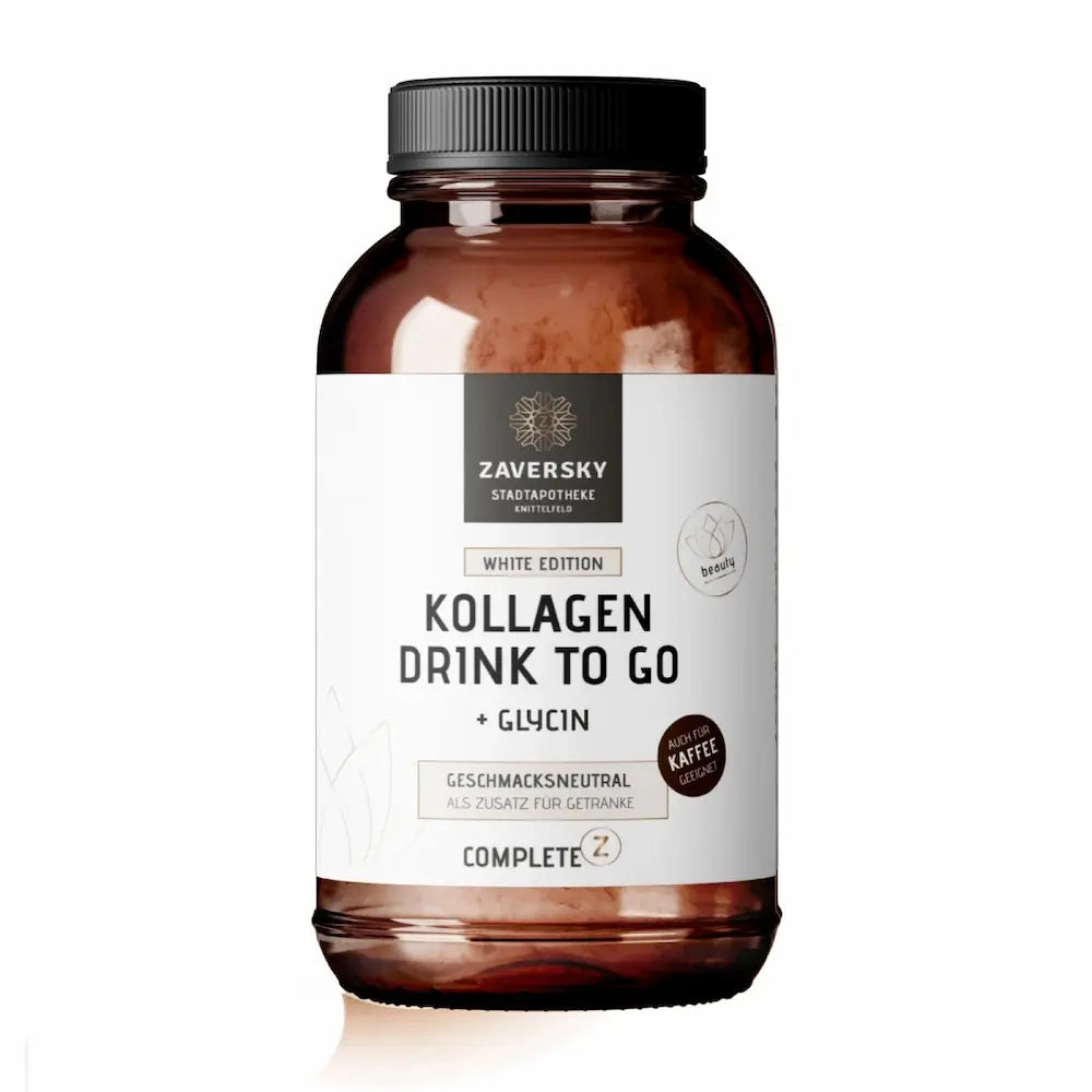 Braunglas-Dose Zaversky Kollagen Drink to Go White Edition mit Glycin, geschmacksneutral, auch für Kaffee geeignet, Vorderansicht