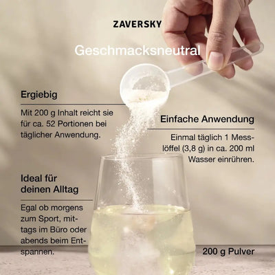 Zaversky Kollagen Pulver geschmacksneutral, Hand rührt Messlöffel in Wasserglas, 200 g für ca. 52 Portionen