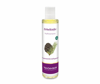 Taoasis Zirbelkiefer Kopfkissenspray in transparenter Sprühflasche mit weißem Sprühkopf, Bio-Siegel und Zirbenzapfen-Motiv, entspannend & kraftspendend
