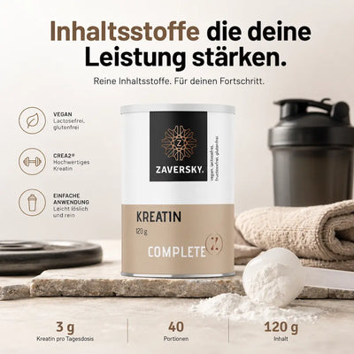 Zaversky Kreatin Complete Dose 120 g mit Messlöffel und Shaker, dazu Hinweise zu vegan, Crea2-Kreatin und 40 Portionen