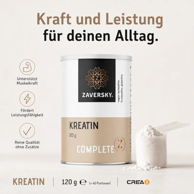 Zaversky Kreatin Complete Z Dose mit 120 g, daneben Messlöffel mit Pulver, mit Hinweisen zu Muskelkraft, Leistungsfähigkeit und reiner Qualität.