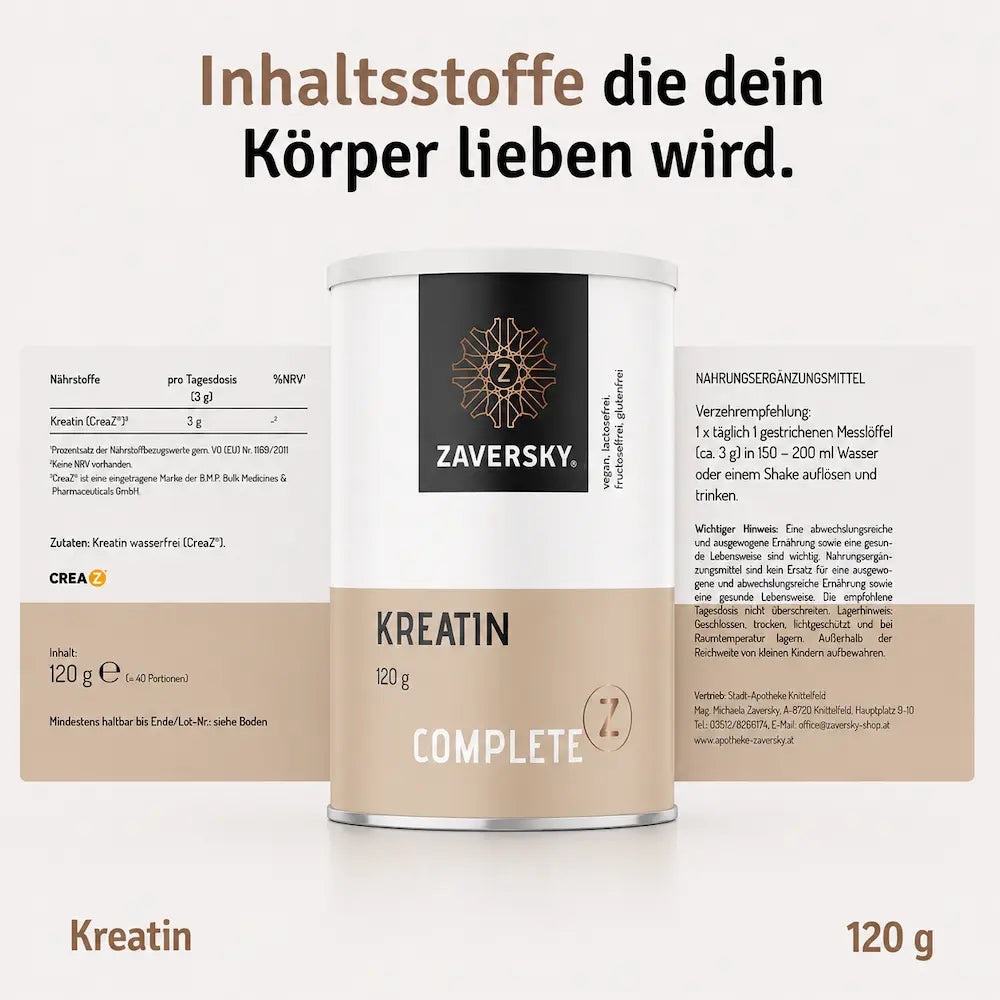 Zaversky Kreatin Complete Pulverdose 120 g mit Nährwerttabelle, Zutaten und Verzehrempfehlung sowie Hinweis „Inhaltsstoffe, die dein Körper lieben wird“.