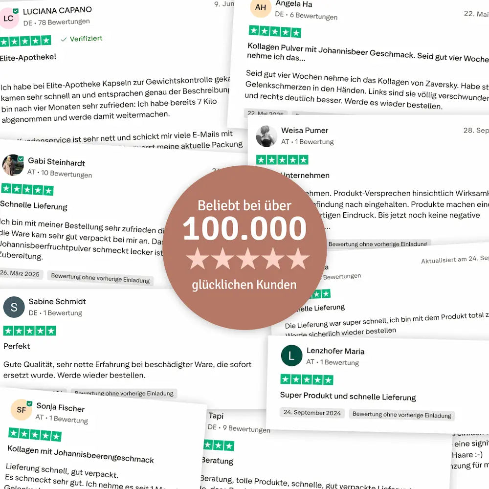 Collage aus Trustpilot-Kundenbewertungen mit fünf Sternen und braunem Siegel „Beliebt bei über 100.000 glücklichen Kunden“