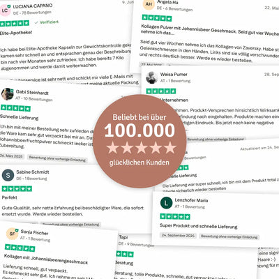 Collage aus Trustpilot-Kundenbewertungen mit fünf Sternen und braunem Siegel „Beliebt bei über 100.000 glücklichen Kunden“