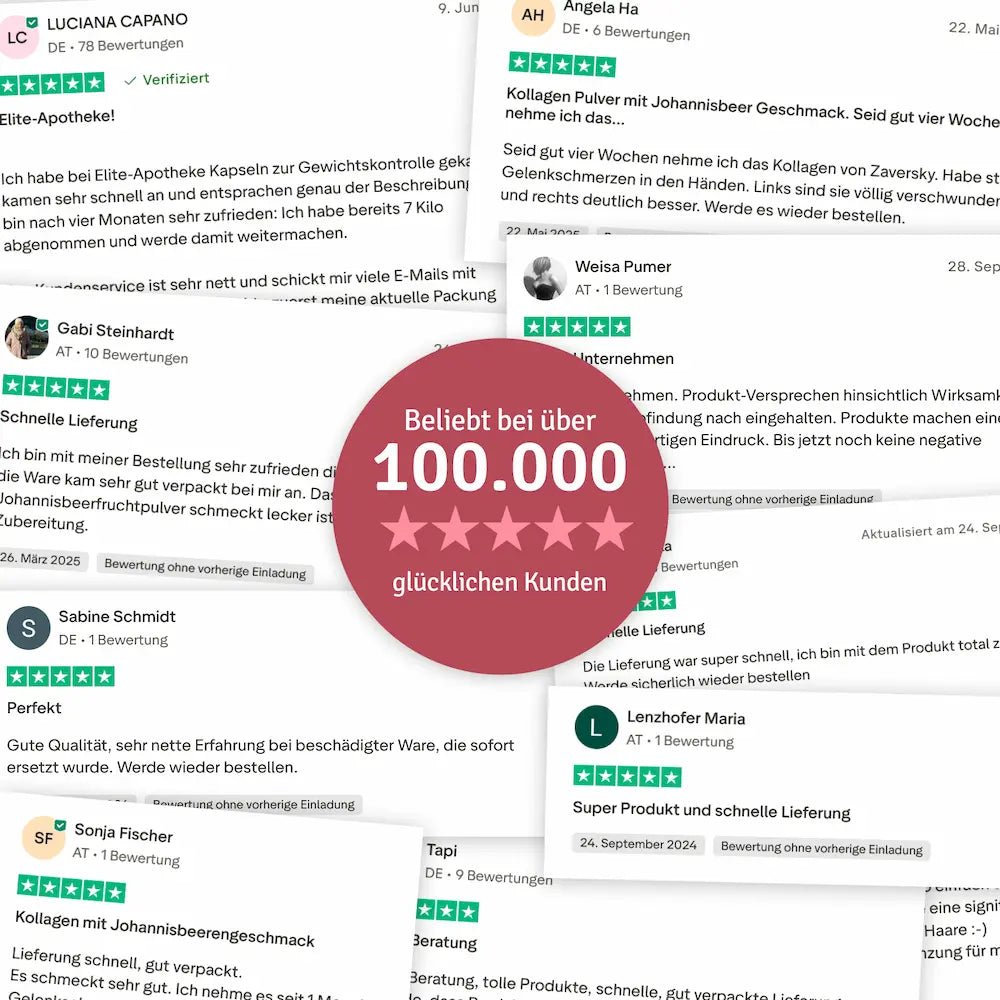 Collage aus mehreren Fünf-Sterne-Kundenbewertungen mit rundem rotem Siegel „Beliebt bei über 100.000 glücklichen Kunden“ in der Mitte.