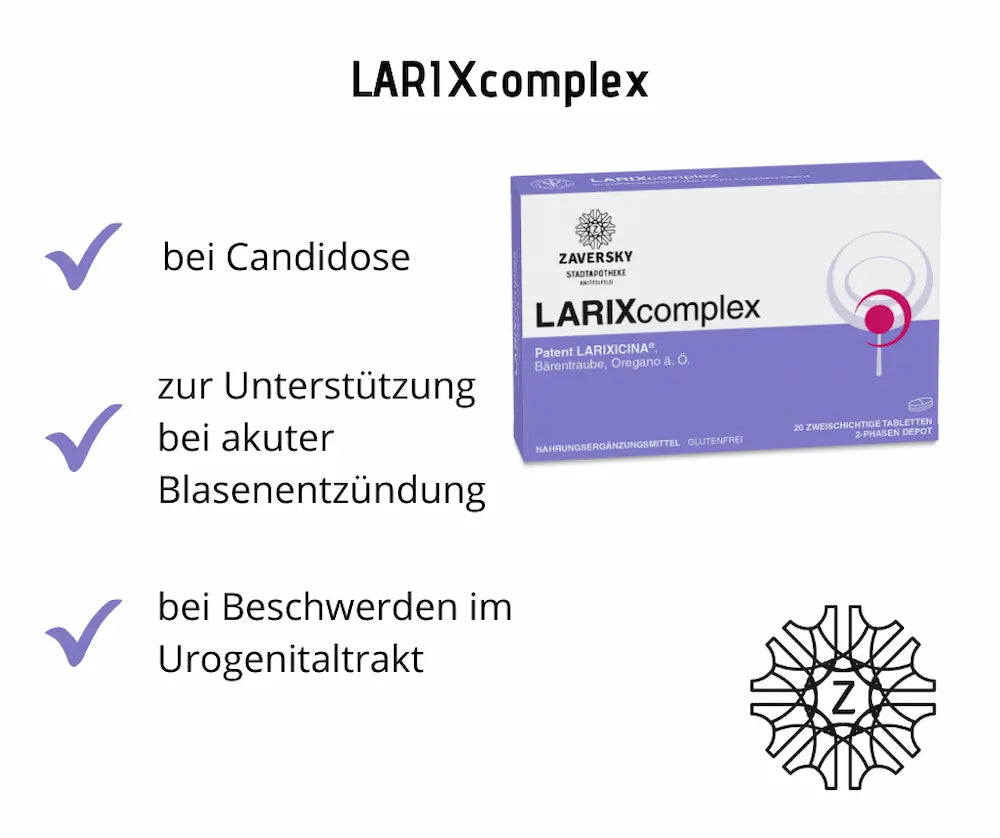 LARIXcomplex Faltschachtel in Violett mit 20 zweischichtigen Tabletten, Zaversky Stadtapotheke, Hinweise zu Anwendungsgebieten und Z-Logo