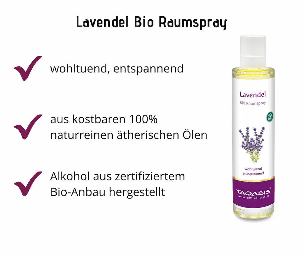 Taoasis Lavendel Bio Raumspray in transparenter Flasche mit Lavendelmotiv, Infografik mit Vorteilen: wohltuend, entspannend, aus naturreinen ätherischen Ölen