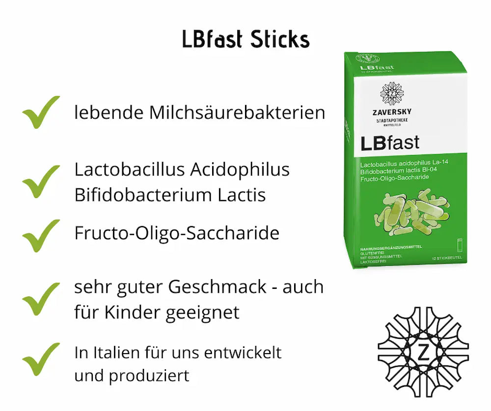 LBfast Sticks Verpackung in Grün-Weiß der Zaversky Stadtapotheke, daneben Infografik zu Milchsäurebakterien und Produktvorteilen