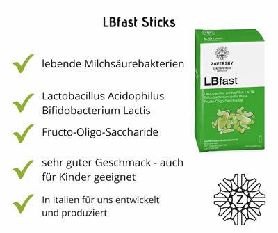 LBfast Sticks Verpackung in Grün-Weiß der Zaversky Stadtapotheke, daneben Infografik zu Milchsäurebakterien und Produktvorteilen