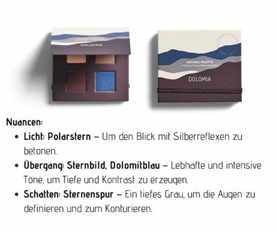 Dolomia Natural Palette Lidschatten mit vier Farbtönen in Kupfer, Braun und Blau, geöffnet und geschlossen dargestellt