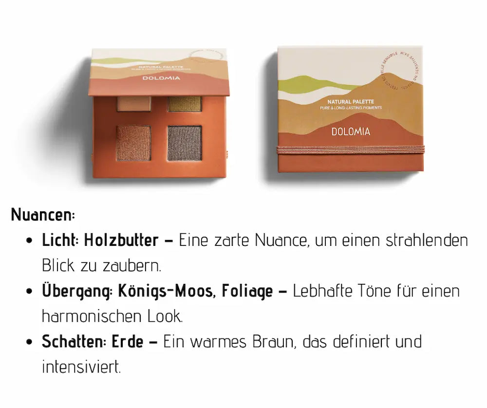 Dolomia Natural Palette Lidschatten mit vier Nuancen in Beige, Grün, Kupfer und Dunkelbraun, daneben die geschlossene Verpackung.