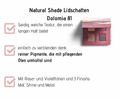 Natural Shade Lidschattenpalette Dolomia 81 mit vier Farbtönen in Rosa und Violett, Produktmerkmale mit Checkliste erklärt