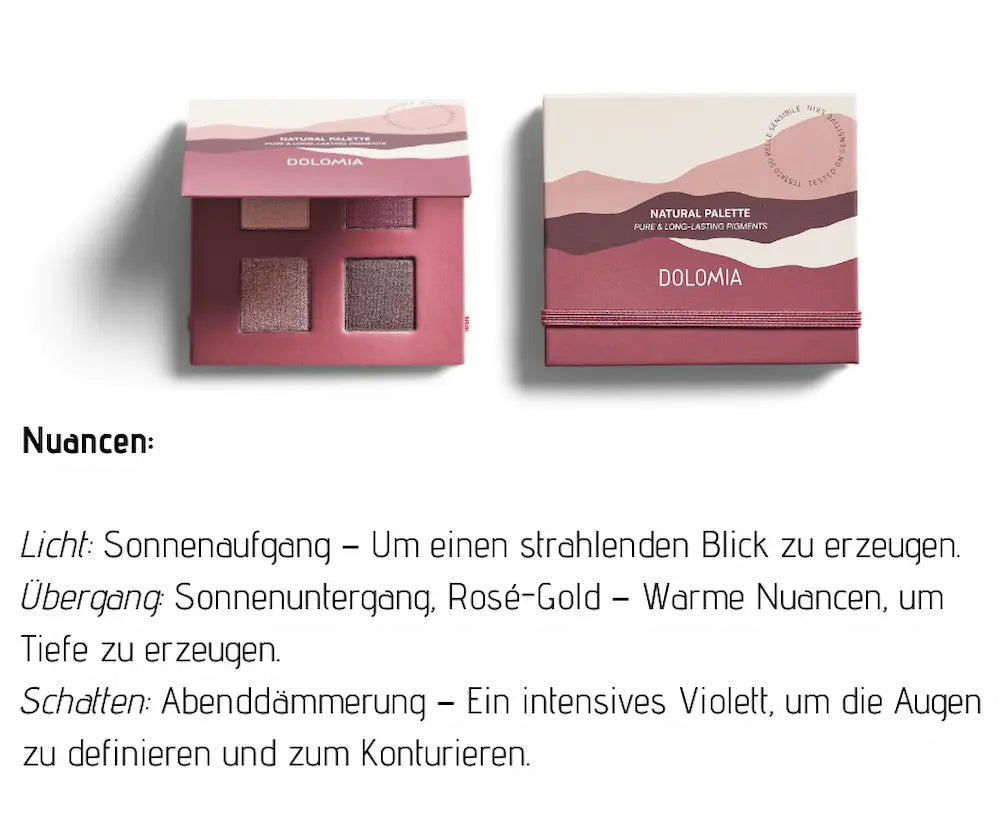 Dolomia Natural Palette Lidschatten mit vier Nuancen in Rosé- und Violetttönen, geöffnete Palette und Verpackung nebeneinander