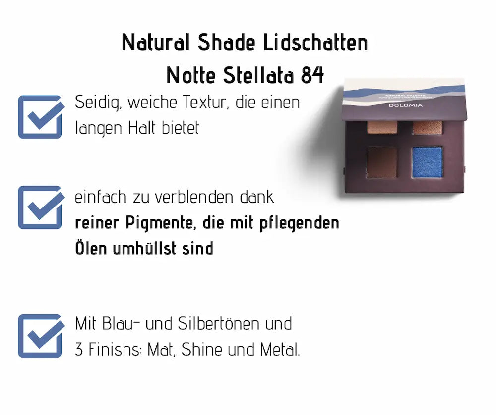 Natural Shade Lidschatten Notte Stellata 84 von Dolomia mit vier Farbtönen in Braun, Kupfer und Blau, Infografik mit Produktmerkmalen