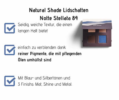 Natural Shade Lidschatten Notte Stellata 84 von Dolomia mit vier Farbtönen in Braun, Kupfer und Blau, Infografik mit Produktmerkmalen