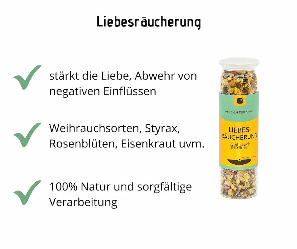 Liebesräucherung im Glas mit Weihrauch und Kräutern, Infografik mit Vorteilen wie Stärkung der Liebe, Styrax, Rosenblüten und 100% Natur
