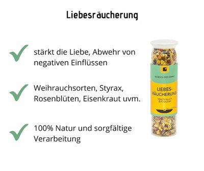 Liebesräucherung im Glas mit Weihrauch und Kräutern, Infografik mit Vorteilen wie Stärkung der Liebe, Styrax, Rosenblüten und 100% Natur
