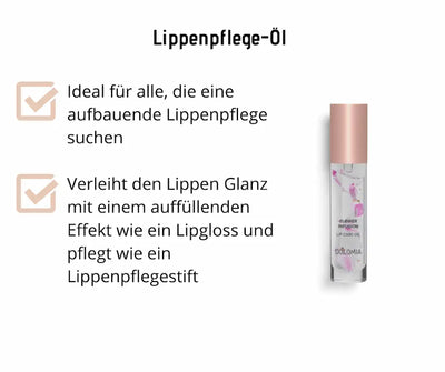 Lippenpflege-Öl Flower Infusion von Dolomia in transparenter Flasche mit Blütenblättern und roségoldener Kappe, Infografik mit Produktvorteilen