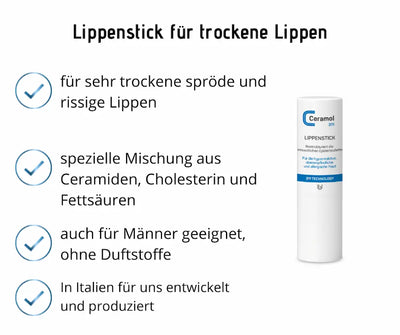 Infografik zum Ceramol 311 Lippenstick für sehr trockene und rissige Lippen mit weißer Stiftverpackung und vier Produktvorteilen