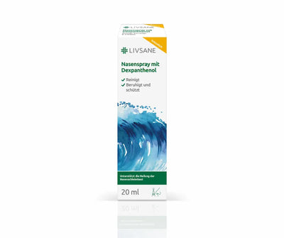 LIVSANE Nasenspray mit Dexpanthenol, weiße Faltschachtel mit blauem Wellenmotiv, isotonisch, reinigt, beruhigt und schützt, 20 ml
