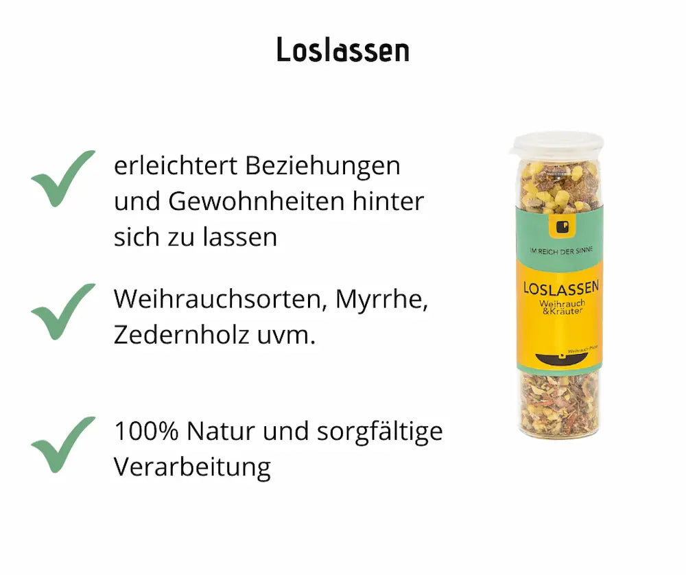 Infografik zu Loslassen Weihrauch & Kräuter im Glas, mit Hinweisen zu Beziehungen, Myrrhe, Zedernholz und 100% Natur