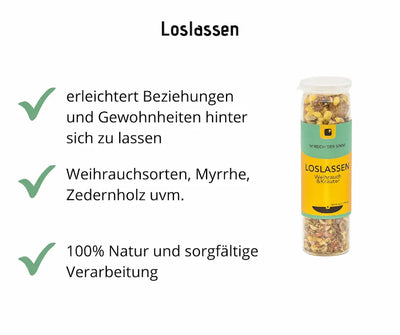 Infografik zu Loslassen Weihrauch & Kräuter im Glas, mit Hinweisen zu Beziehungen, Myrrhe, Zedernholz und 100% Natur