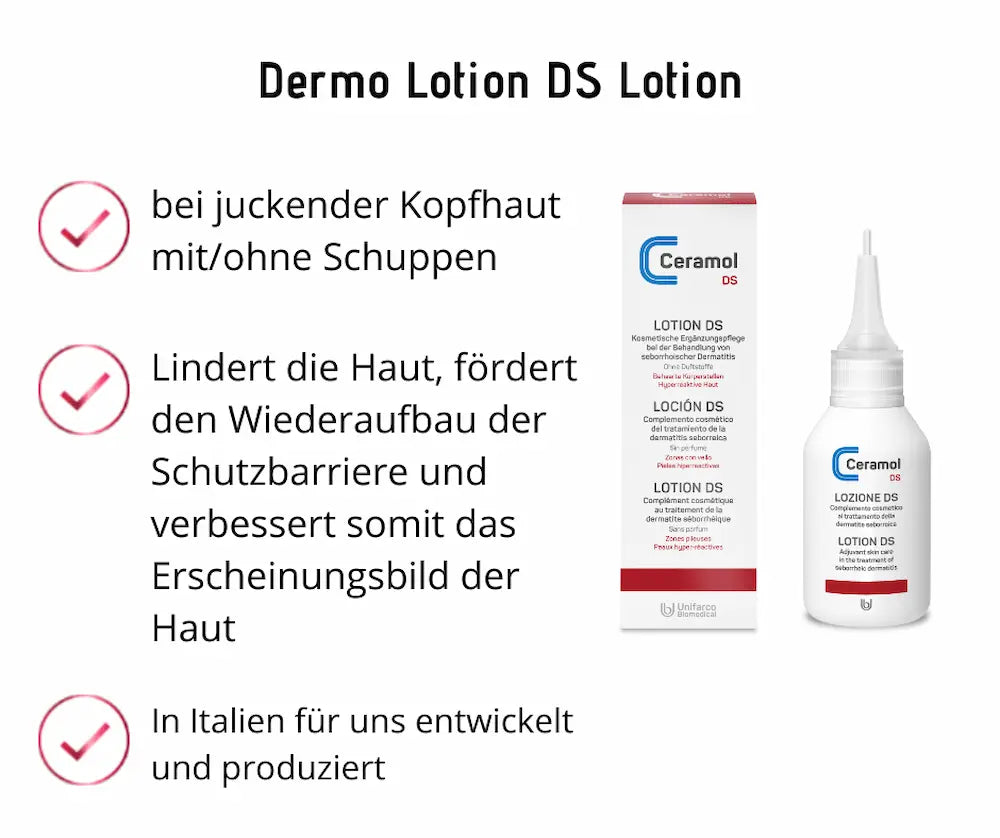 Ceramol DS Lotion mit Faltschachtel und weißer Flasche mit Applikatorspitze, Infografik mit Häkchen zu Anwendung bei juckender Kopfhaut