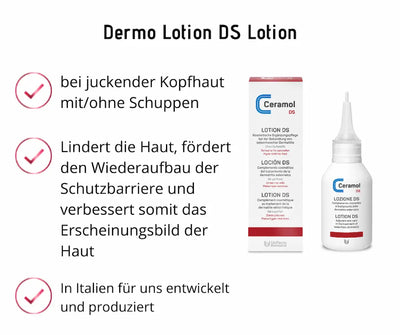 Ceramol DS Lotion mit Faltschachtel und weißer Flasche mit Applikatorspitze, Infografik mit Häkchen zu Anwendung bei juckender Kopfhaut
