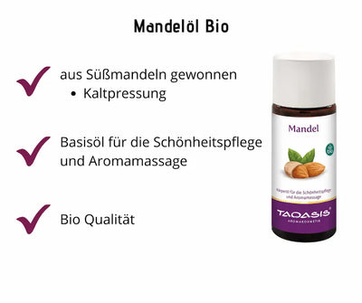 Infografik zu Mandelöl Bio von Taoasis: braune Glasflasche mit weißem Verschluss und Mandel-Etikett, Hinweise auf Kaltpressung aus Süßmandeln, Basisöl für Schönheitspflege und Aromamassage sowie Bio-Qualität.