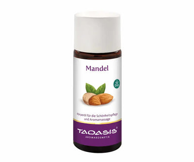 Taoasis Mandel Körperöl in brauner Glasflasche mit weißer Kappe, bio-Siegel und Mandel-Abbildung, für Schönheitspflege und Aromamassage