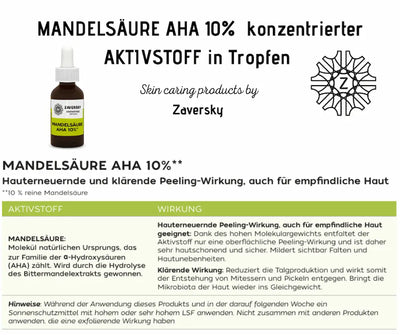  Infografik zu Mandelsäure AHA 10% Tropfen von Zaversky mit brauner Tropfflasche, Aktivstoff-Tabelle und erläuterter Peeling-Wirkung