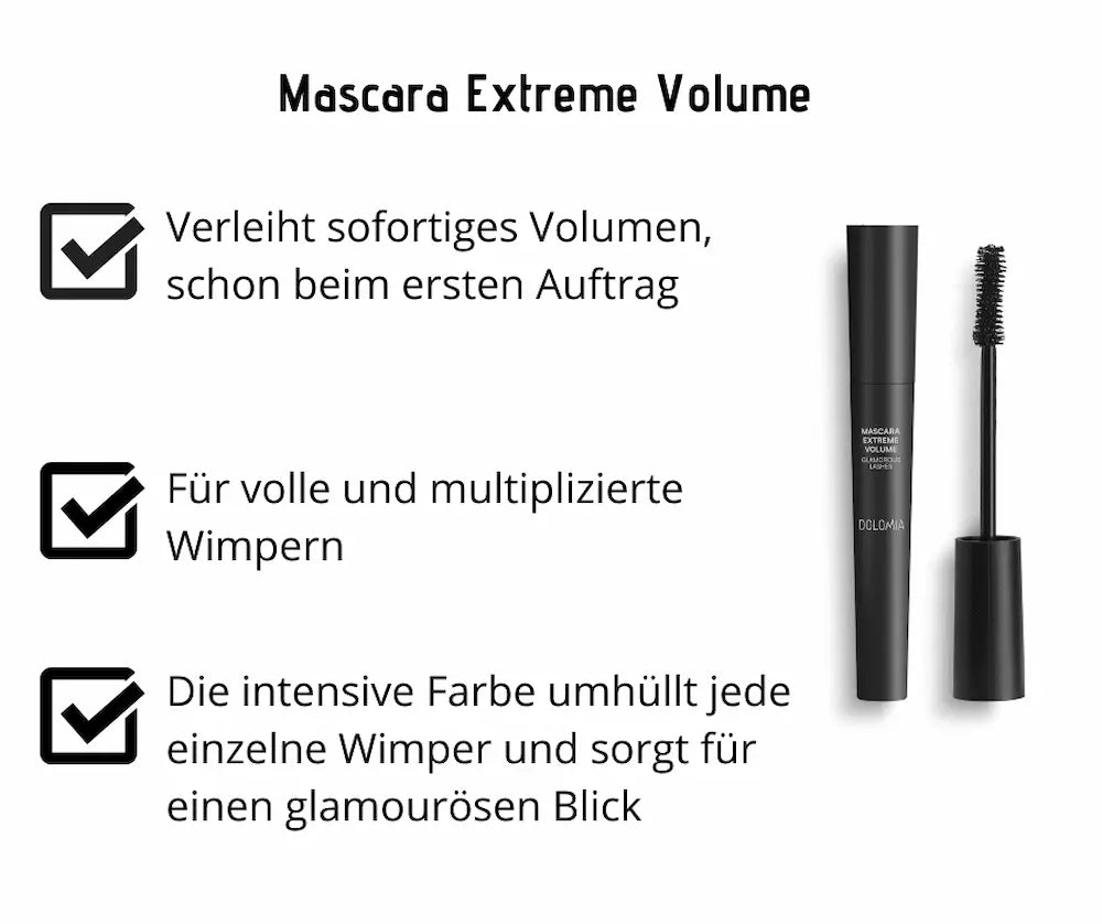 Mascara Extreme Volume Glamorous Lashes von Dolomia in schwarzer Hülse mit Bürstenapplikator und Infografik zu Produktvorteilen