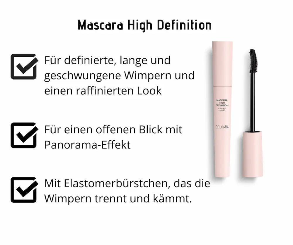 Mascara High Definition Sublime Lashes von Dolomia in rosa Tube mit geöffnetem Applikator und Infografik zu definierten, langen Wimpern.