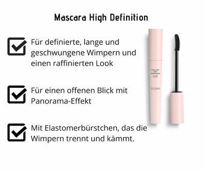 Mascara High Definition Sublime Lashes von Dolomia in rosa Tube mit geöffnetem Applikator und Infografik zu definierten, langen Wimpern.