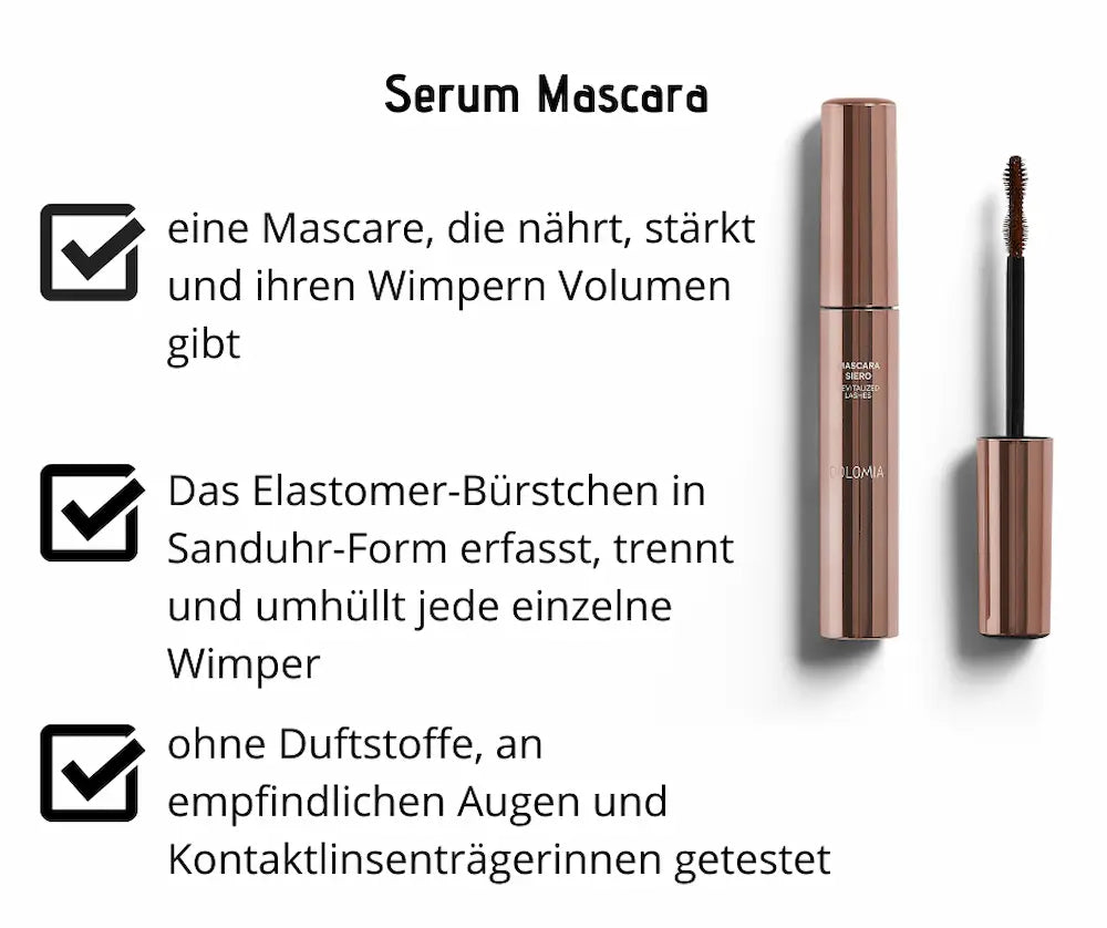 Serum Mascara von Dolomia in roségoldener Hülse mit Sanduhr-Bürstchen, Infografik mit Produktvorteilen auf Deutsch