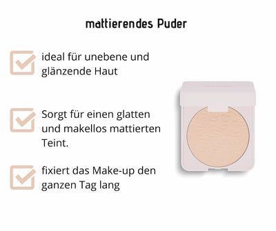 Mattierendes Puder von Dolomia in rosa Kompaktdose mit Pudereinsatz, Infografik mit Hinweisen für glatten, matten Teint.